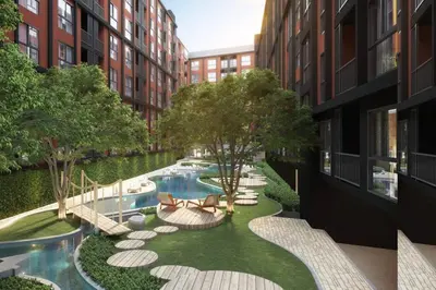 an architectural rendering of a courtyard in a building at Monte Rama 9 near JodFair Market Condo in Bangkok