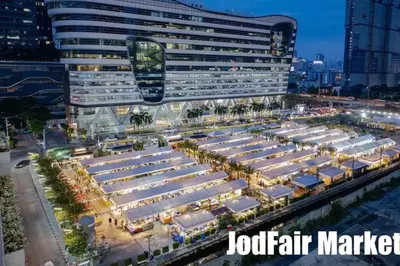 a rendering of a food market in front of a large building at Monte Rama 9 near JodFair Market Condo in Bangkok