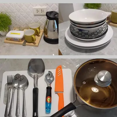 a collage of two pictures of kitchen utensils at Silom Cityview Paradise Room in Bang Rak