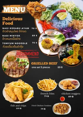 a menu for a restaurant with a bunch of food at Rotinis Hostel in Pom Prap