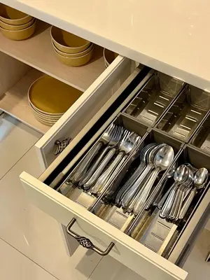 a drawer filled with silver utensils in a kitchen at Entire 3BR Townhome in Sukhumvit, shared Pool, near BTS&MRT Asok in Bangkok