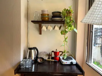 a table with a plant on it next to a window at Baan KhaoSoi - Private room in a rooftop hostel 4th floor in Khlong San