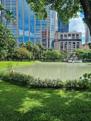 a large pond in a city with tall buildings at Luxurious Apartment in Sukhumvit in Bangkok