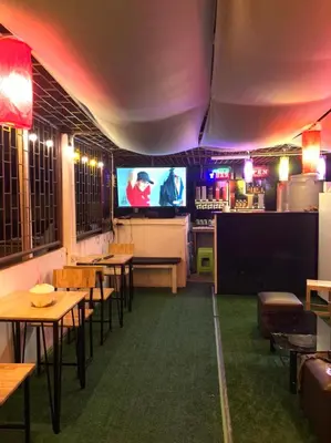 a restaurant with tables and chairs and a tv at wonderful hostel khaosan in Bangkok
