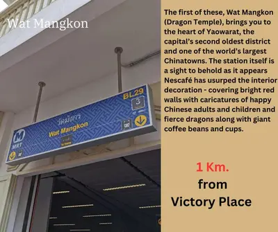 a sign at a subway station with a sign on the wall at Victory Place in Bangkok