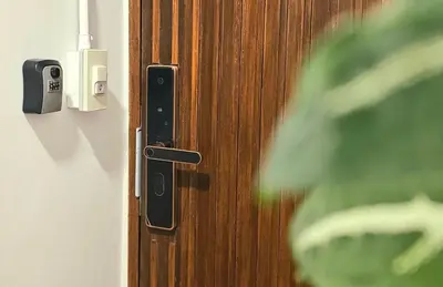 a close up of a wooden door with a lock at t-t-haus in Bangkok