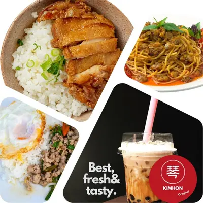 a collage of four pictures of food and a drink at Chubby 9 single room in Bangkok