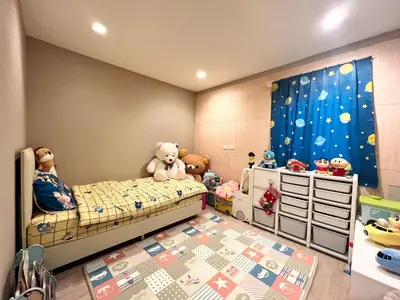 a bedroom with two bunk beds and stuffed animals at Free pick up and Stunning Luxury Family Home 2B2B in Bangkok