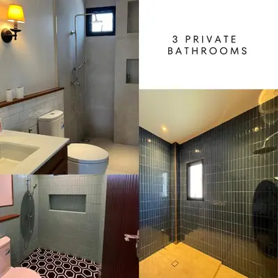 two pictures of a bathroom with a sink and a shower at House40 MRT Ratchadaphisek in Bangkok