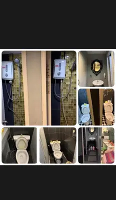 a collage of pictures of a bathroom with toilets at 24 hr Hostel in khaosan road in Bangkok