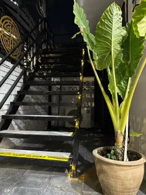 a plant in a pot next to a staircase at First Villa Life Hostel in Bangkok