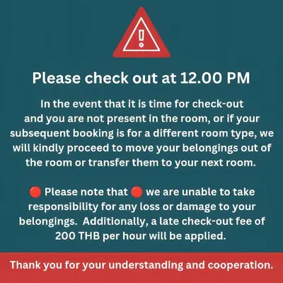 a sign that says please check out at pm at XX GO INN The Grand Palace โกอินน์ พระบรมมหาราชวัง MRT สามยอด in Bangkok