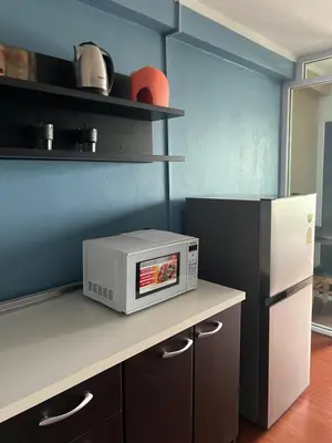 a microwave sitting on a counter in a kitchen at Regent Srinakarin18 in Amphoe Phra Khanong