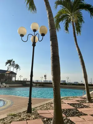 two palm trees and a street light next to a pool at Regent Srinakarin18 in Amphoe Phra Khanong