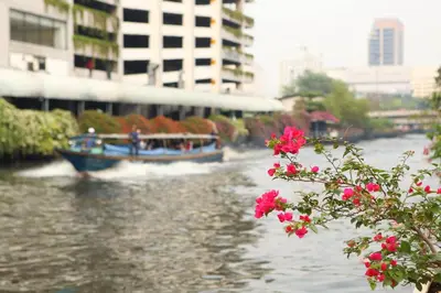 a boat traveling down a river with pink flowers at Petch Tower Ekkamai in Bangkok