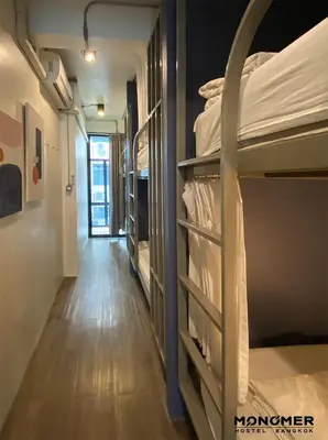a hallway with bunk beds in a room at Monomer Hostel Bangkok in Bangkok
