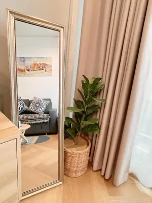 a mirror in a room with a potted plant at Great relaxing in oldtown, Entire floor, near Grand Palace in Bangkok
