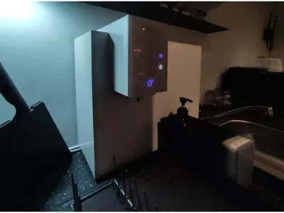 a set of stairs in a room with a tv at Luxe Design l Wellness & Tropical Retreat l No fee in Bangkok