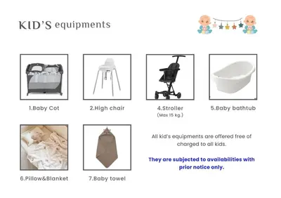 a collage of photos of baby furniture and toys at Vélin Khaosan - 5th Floor apartment with 2Bedrooms in Bangkok