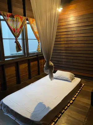 a bedroom with a bed with a curtain and windows at Chest's Place in Bangkok