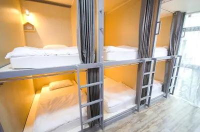 a room with three bunk beds in it at Good Day Hostel in Bangkok