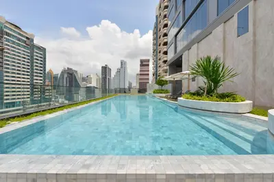 a swimming pool on the roof of a building at GM Estate Hotel and Executive Apartments, Bangkok Sukhumvit 20 in Bangkok