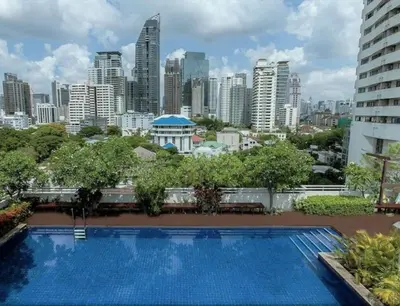 a view of a city skyline with a swimming pool at Contemporary 53 SQM - BTS Thong Lo - Ultra Fast WiFi in Bangkok