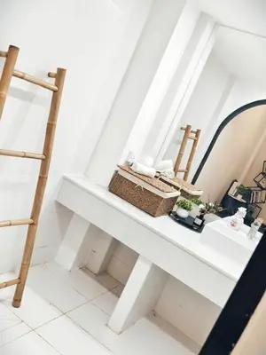 a white shelf with a basket and a ladder at Fivehouse Silom1 - City heart - Silom -BTS MRT 2min - lumpini park - bnh in Bangkok