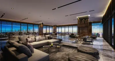 a living room with a couch and chairs and windows at Sky & River side view bts condo in Ban Sai Ma