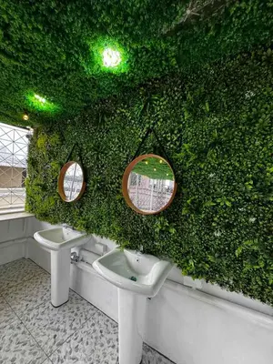 a bathroom with two sinks and a green wall at Comfy Crib Hostel 2 in Bangkok