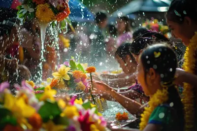 a group of children playing with flowers in a fountain at EM HOME Sukhumvit Bangkok - near Terminal 21, EM District Malls, BTS and MRT Lines in Bangkok