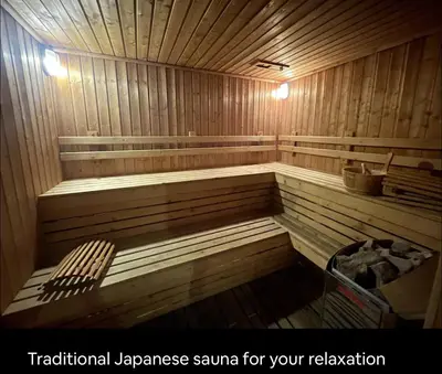 a large wooden sauna with a bench in it at Cozy Apartment With Train Access in Bangkok