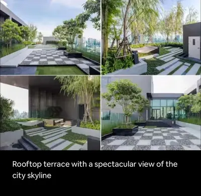a collage of four pictures of a roof terrace with a spectacular view at Luxurious Upscale Downtown Apartment in Bangkok