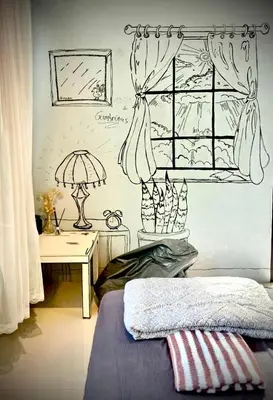 a drawing of a bedroom with a bed and a desk at 89 Bed & Studio Hostel in Godown