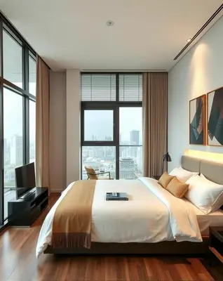 a bedroom with a large bed and large windows at Dream appartment in Bangkok