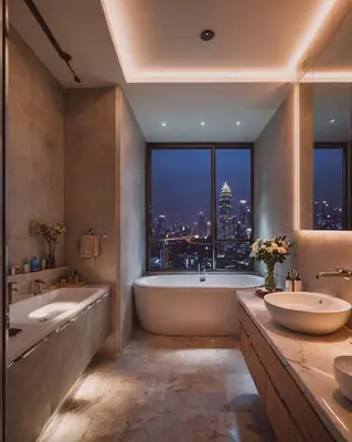 a bathroom with two sinks and a tub and a window at Dream appartment in Bangkok