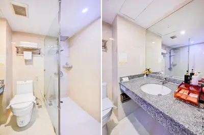 two pictures of a bathroom with a toilet and a sink at Palette The Travellers Hotel Bangkok in Bangkok