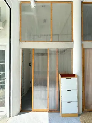 a glass door in a room with a dresser at Shared Room Megun in Ban Bang Phlat