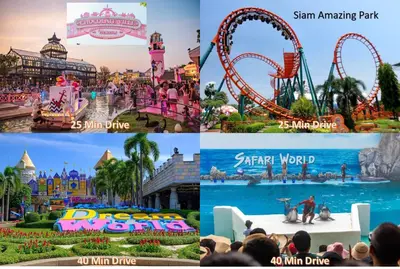 a collage of different attractions at a theme park at Near Big Jodd Fair Night Market and Shopping Mall in Bangkok