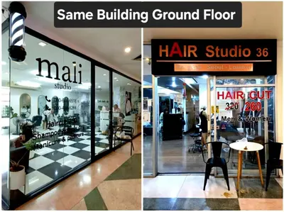 two pictures of a store window with a hair salon at River View Active 6 in Bangkok