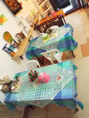 an overhead view of two tables with umbrellas at Hostel 24 in Bangkok