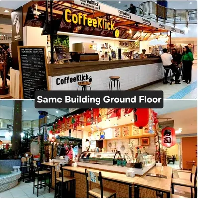 a collage of two pictures of a restaurant at River View 03 in Bangkok