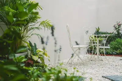 a white chair and a table and some plants at Somewhere house in Bangkok