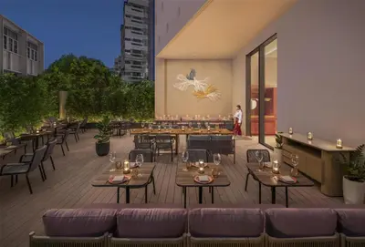 a rendering of a restaurant with tables and chairs at Kromo Bangkok, Curio Collection By Hilton in Bangkok