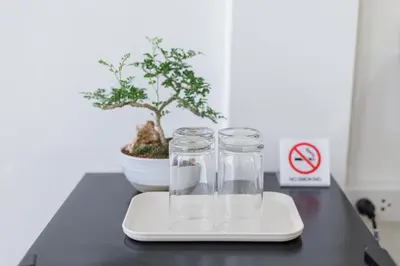 two glass jars on a plate on a table with a plant at A Townhouse 100m from BTS Bangchak in Phra Khanong