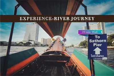 a boat in the water with a sign that reads experience river journey at Belivin'98 Sense of Pier Sathorn Residence in Bangkok