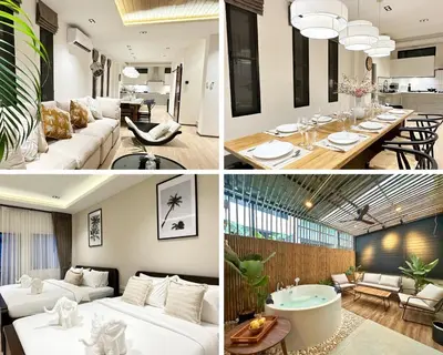 a collage of photos of a living room and dining room at Asok house Sukhumvit27 Free BF in Bangkok