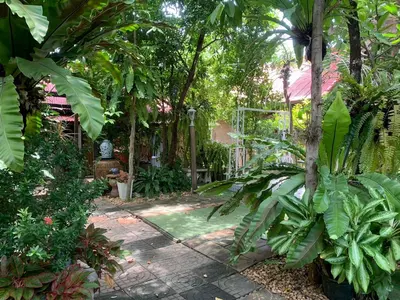 a garden with trees and plants and a walkway at Ruennakornin Homestay in Ban Bang Muang