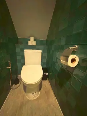 a bathroom with a toilet and a green tiled wall at Hansa Heritage home in Khao San in Bangkok