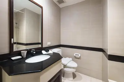a bathroom with a sink and a toilet and a mirror at Verdant Vista King Suite near BTS with Modern Amenities in Khlong Toei